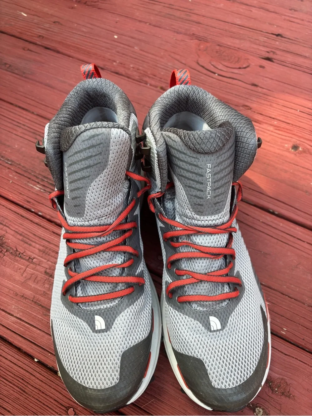 The North Face Gray Mid-Top Hiking Sneakers with Orange Laces